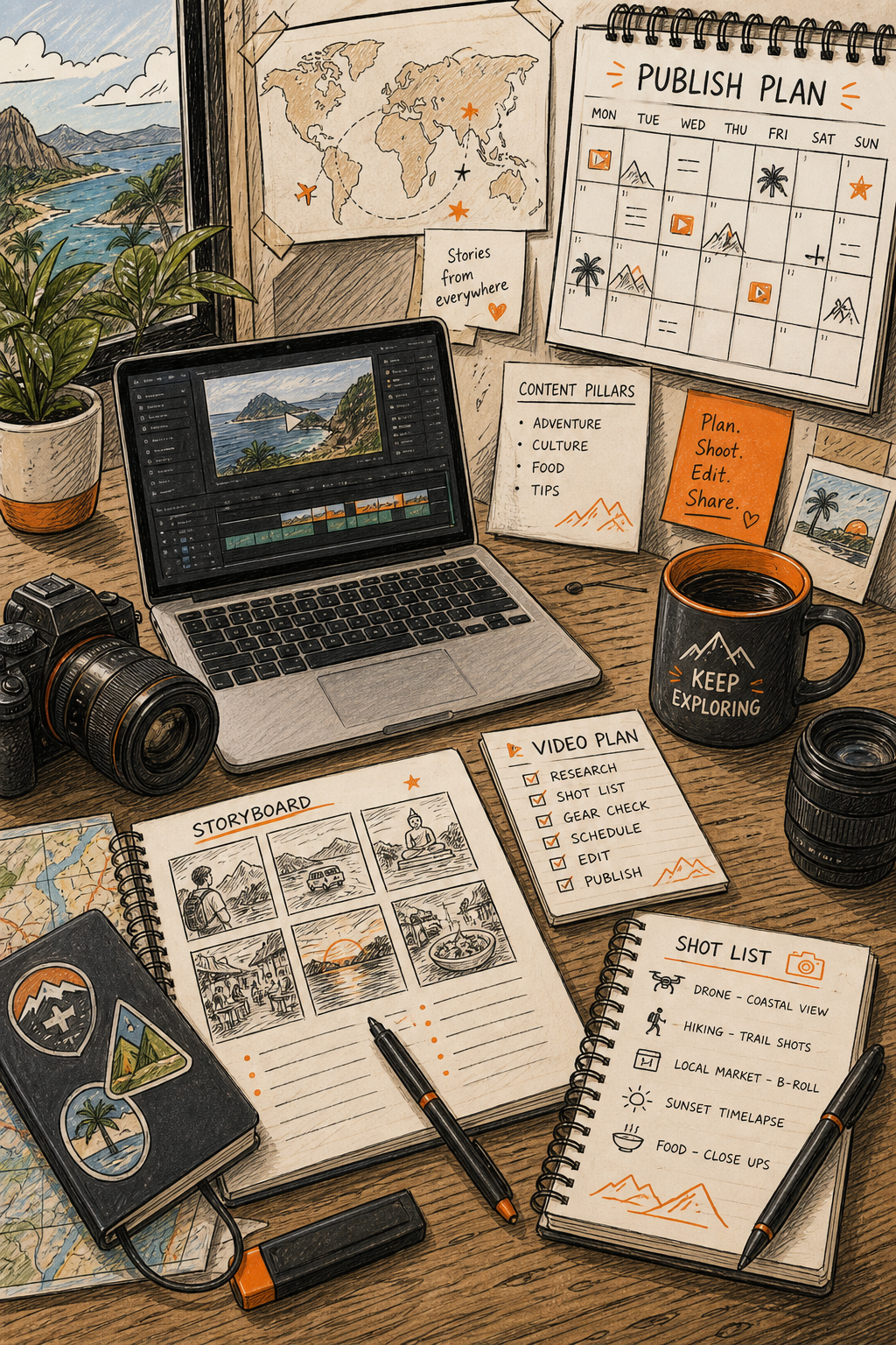 A doodle of a travel creator’s desk with a laptop, camera, storyboard notes, and a calendar showing a publishing schedule. Alt: travel video production planning workspace