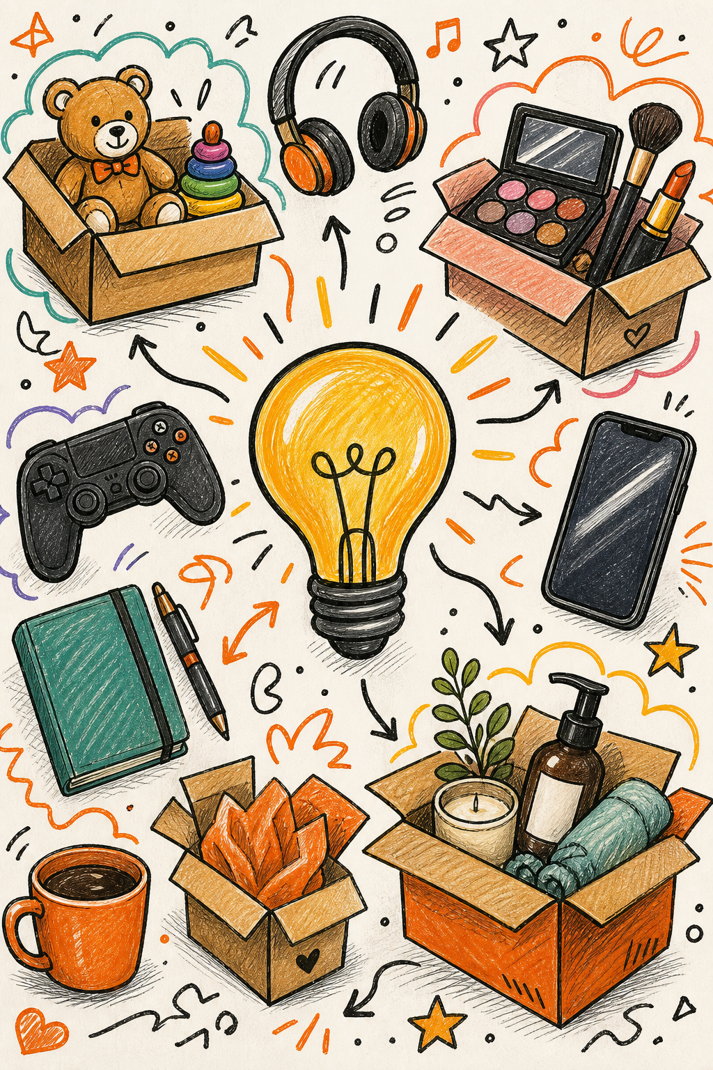 A colorful doodle-style illustration of a lightbulb surrounded by various product icons like a toy, a smartphone, a makeup palette, and a subscription box, representing brainstorming unboxing niches. Alt: Brainstorming unboxing video niches with product icons.