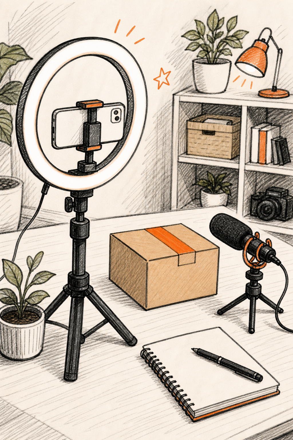 A doodle-style drawing showing a simple home studio setup with a ring light, a smartphone on a tripod, and a small microphone, with a box on a clean table. Alt: Affordable lighting and sound setup for unboxing videos.