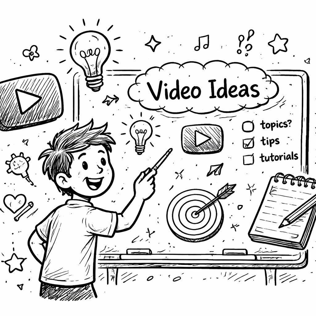 Doodle style sketch of a creator brainstorming ideas on a whiteboard, surrounded by icons of YouTube, a lightbulb, and a notebook. Alt: brainstorming youtube video ideas free visual guide