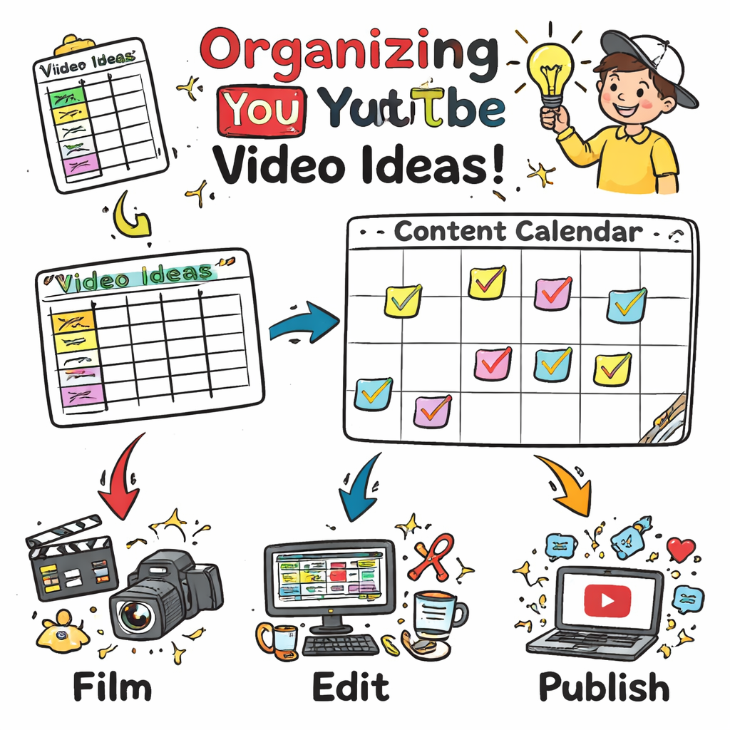 Doodle style flowchart of a creator moving ideas from a spreadsheet into a calendar, with icons for filming, editing, and publishing. Alt: organizing youtube video ideas free workflow