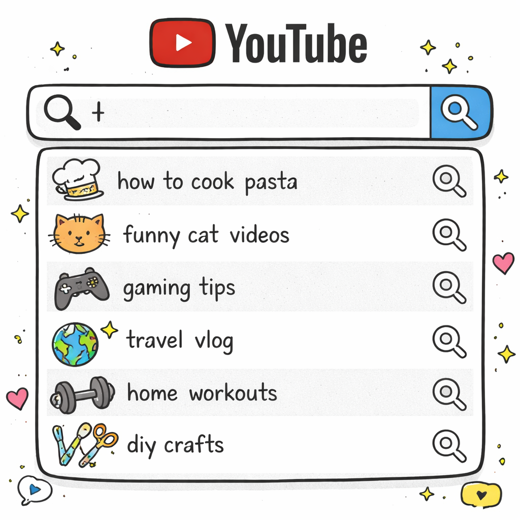 A doodle-style illustration showing YouTube's search interface with dropdown suggestions appearing below a search bar, featuring colorful icons representing different video topics and magnifying glass symbols. Alt: YouTube search bar showing video idea suggestions for content creators
