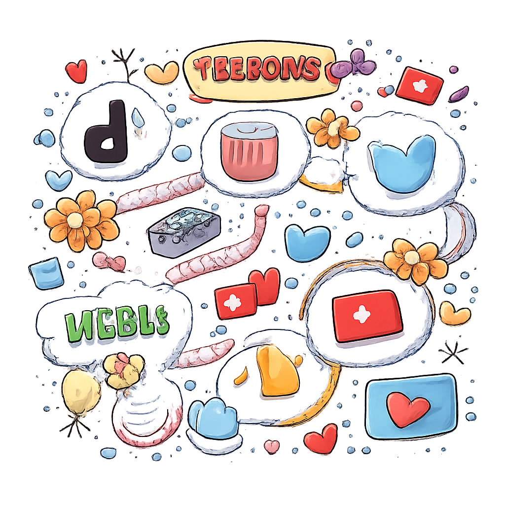 A doodle-style illustration showing various social media platform icons (TikTok, Instagram, Twitter) connected by flowing lines with trending topic bubbles and notification symbols in a colorful, hand-drawn style. Alt: Social media platforms displaying trending content and viral video ideas for YouTube creators