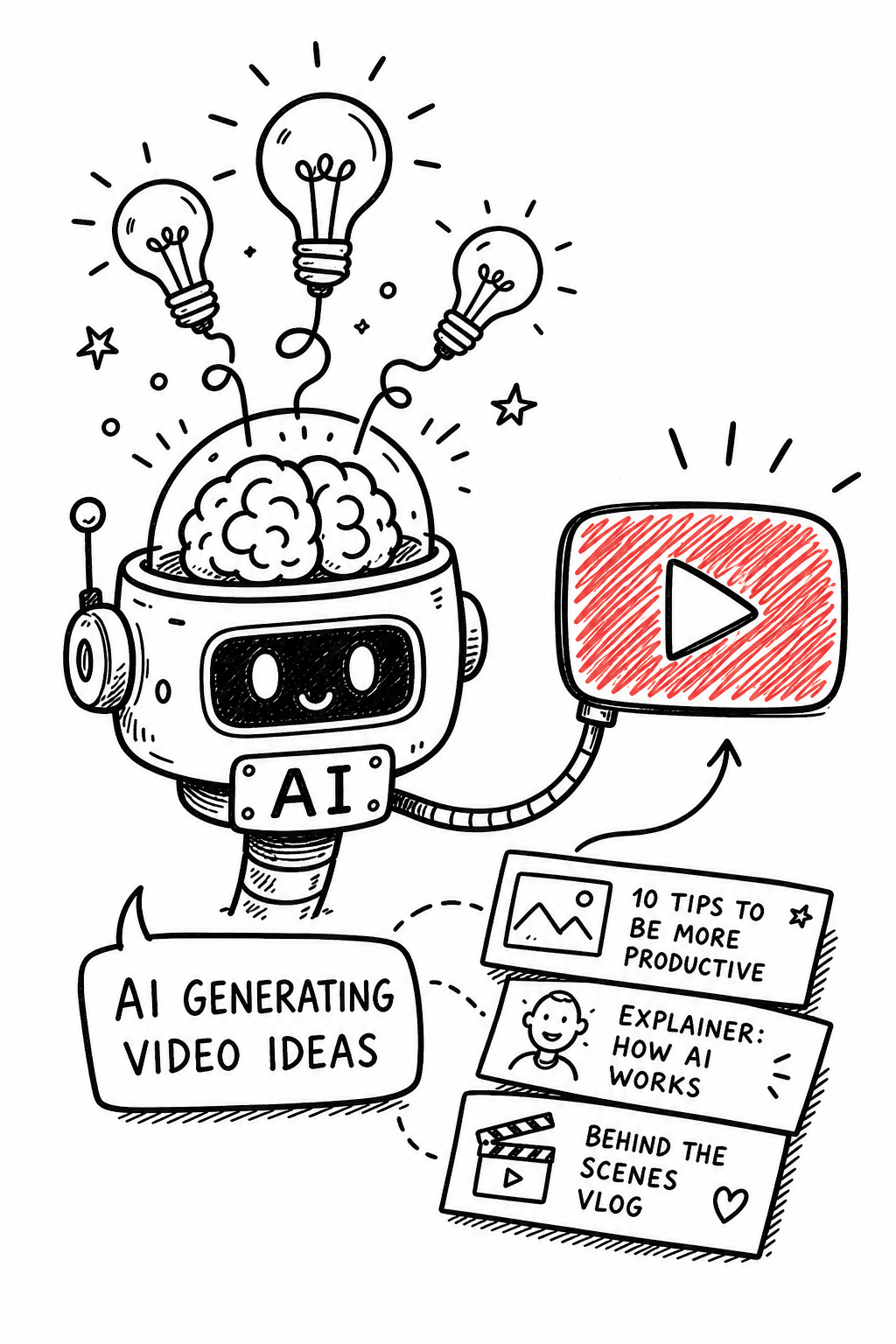 A doodle of a robot brain with lightbulbs popping out, connected to a YouTube play button. Alt: AI generating video ideas doodle.