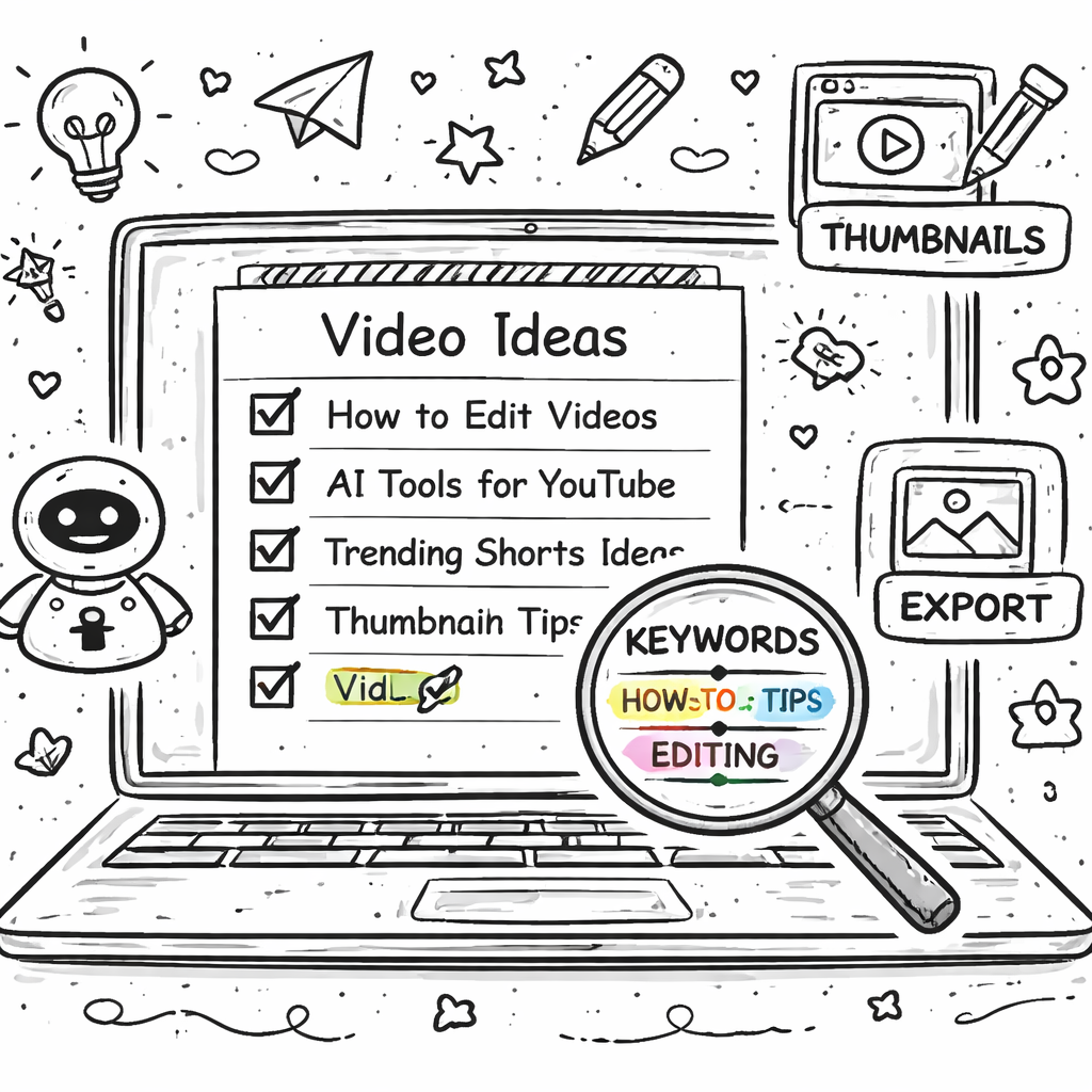 A doodle style sketch of a laptop screen showing a list of video ideas with checkboxes, a magnifying glass over keywords, and simple icons for AI, thumbnails, and export. Alt: detailed overview of key features in video idea software