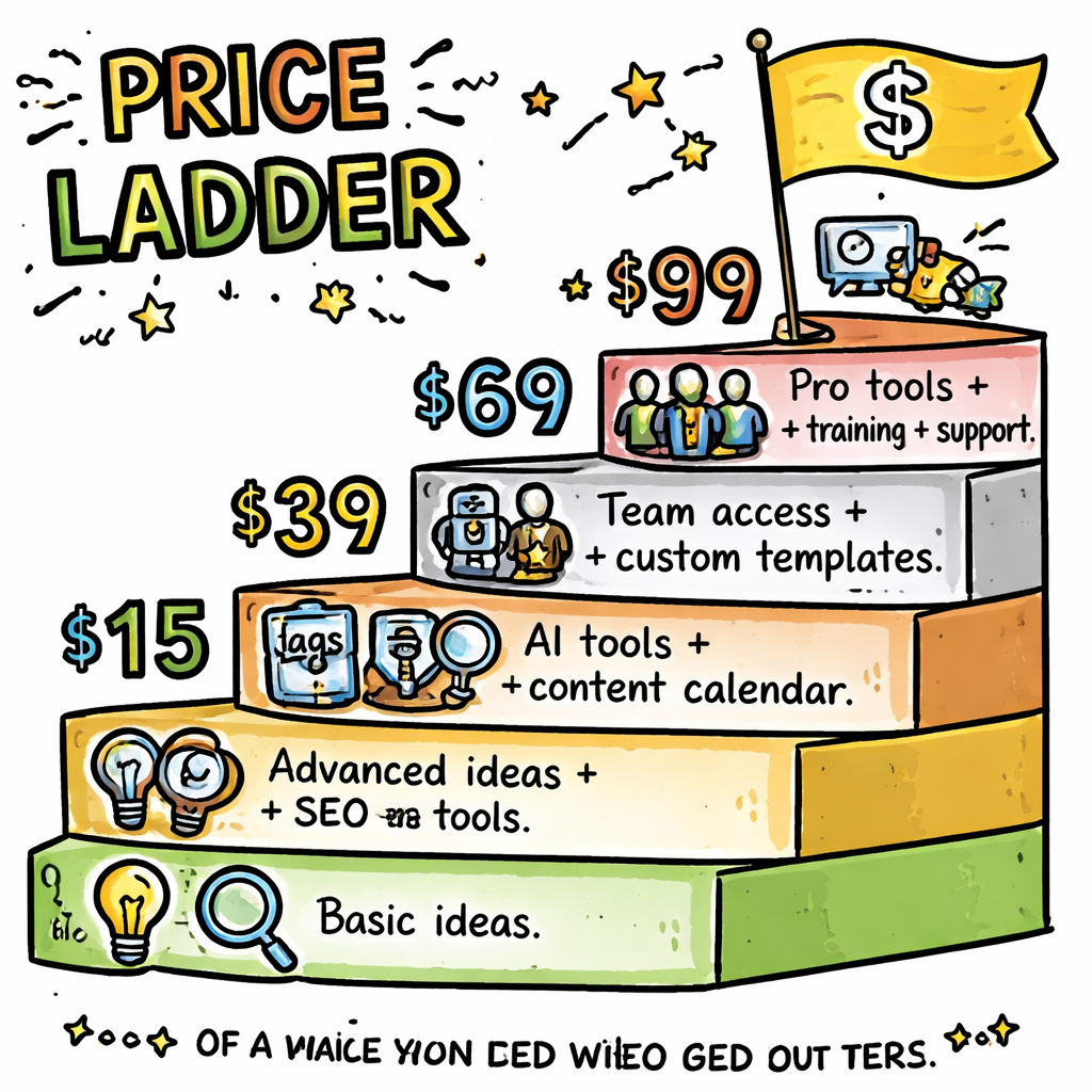 A doodle style infographic showing a price ladder from free tools up to $99, with icons for each tool and a brief note of what each tier includes. Alt: visual comparison of pricing and value for video idea software