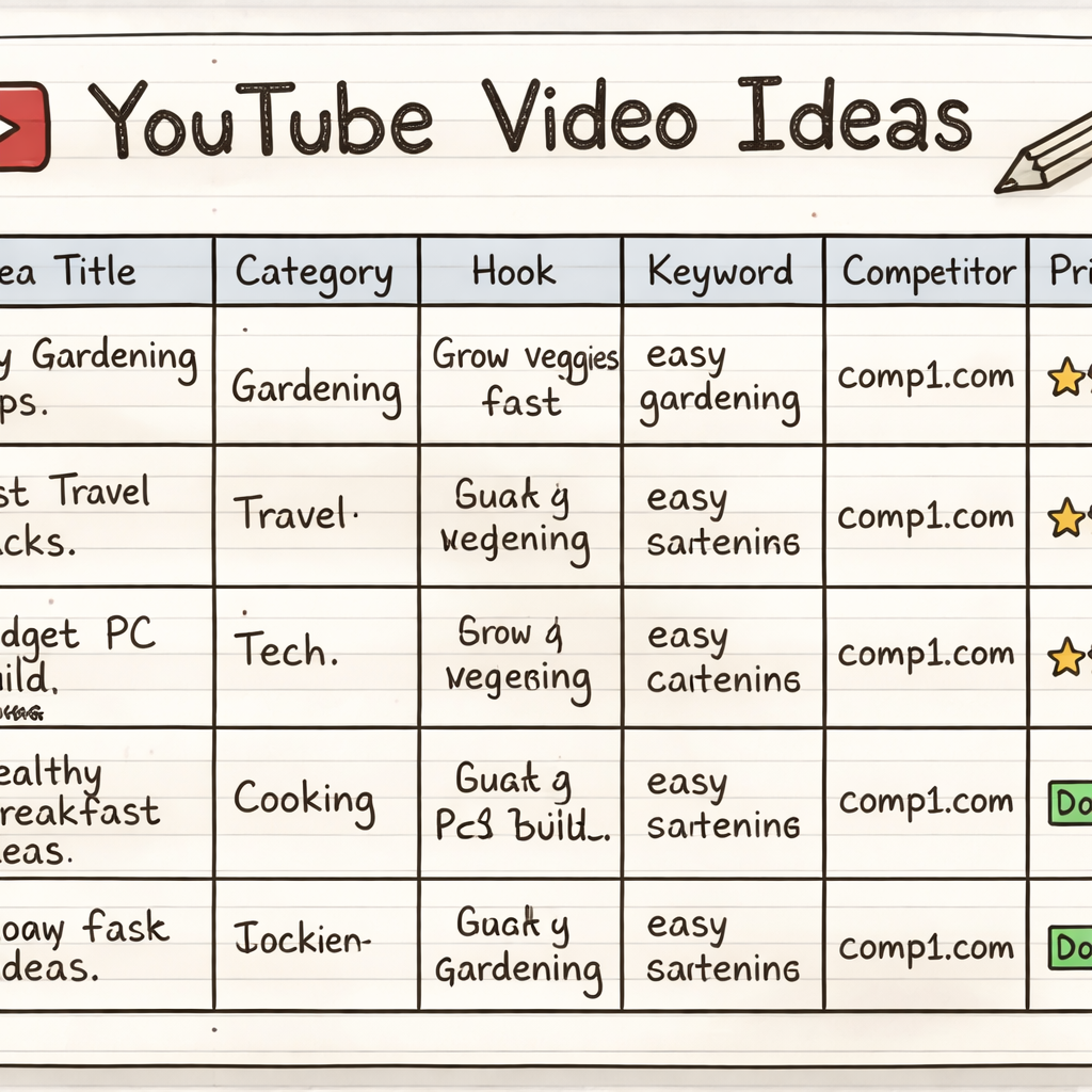 A doodle style sketch of a simple spreadsheet with column headers like Idea Title, Category, Hook, Keyword, Competitor Link, Priority, Status. Alt: youtube video ideas spreadsheet layout illustration.