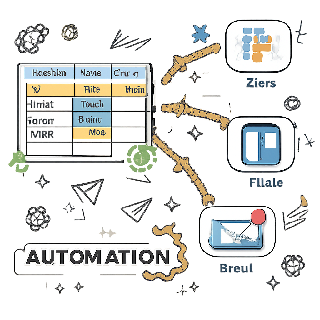 A doodle style diagram showing a spreadsheet connected to Slack, Trello, and email automations. Alt: youtube video ideas spreadsheet workflow automation illustration.