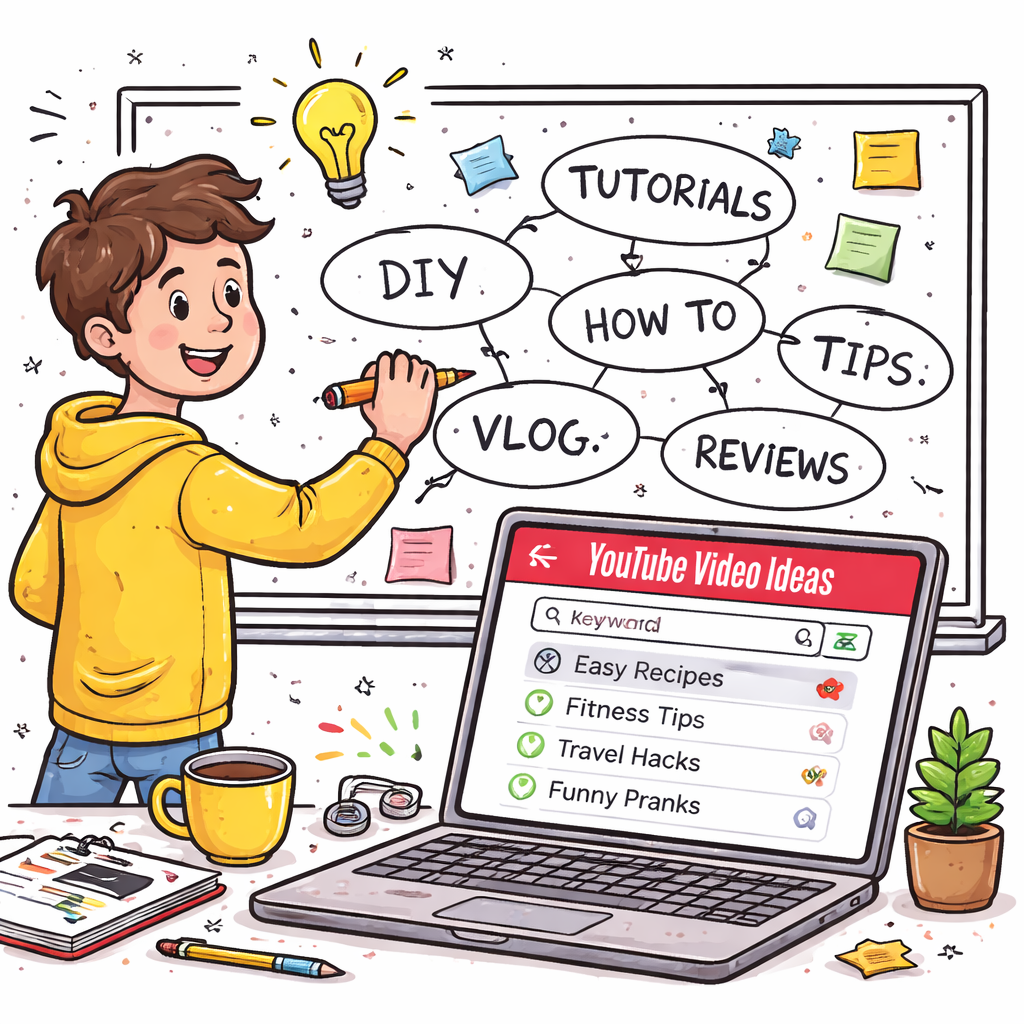 Doodle style sketch of a creator writing keyword ideas on a whiteboard, with bright colors and a laptop displaying a youtube video ideas tool interface. Alt: brainstorming keywords with a youtube video ideas tool