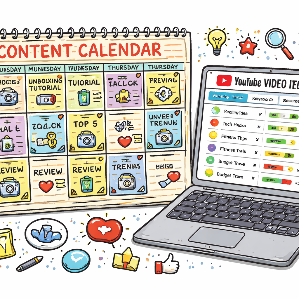 Doodle style illustration of a calendar filled with video titles, icons for thumbnails, and a laptop showing a youtube video ideas tool dashboard. Alt: content calendar for a youtube channel created with a youtube video ideas tool