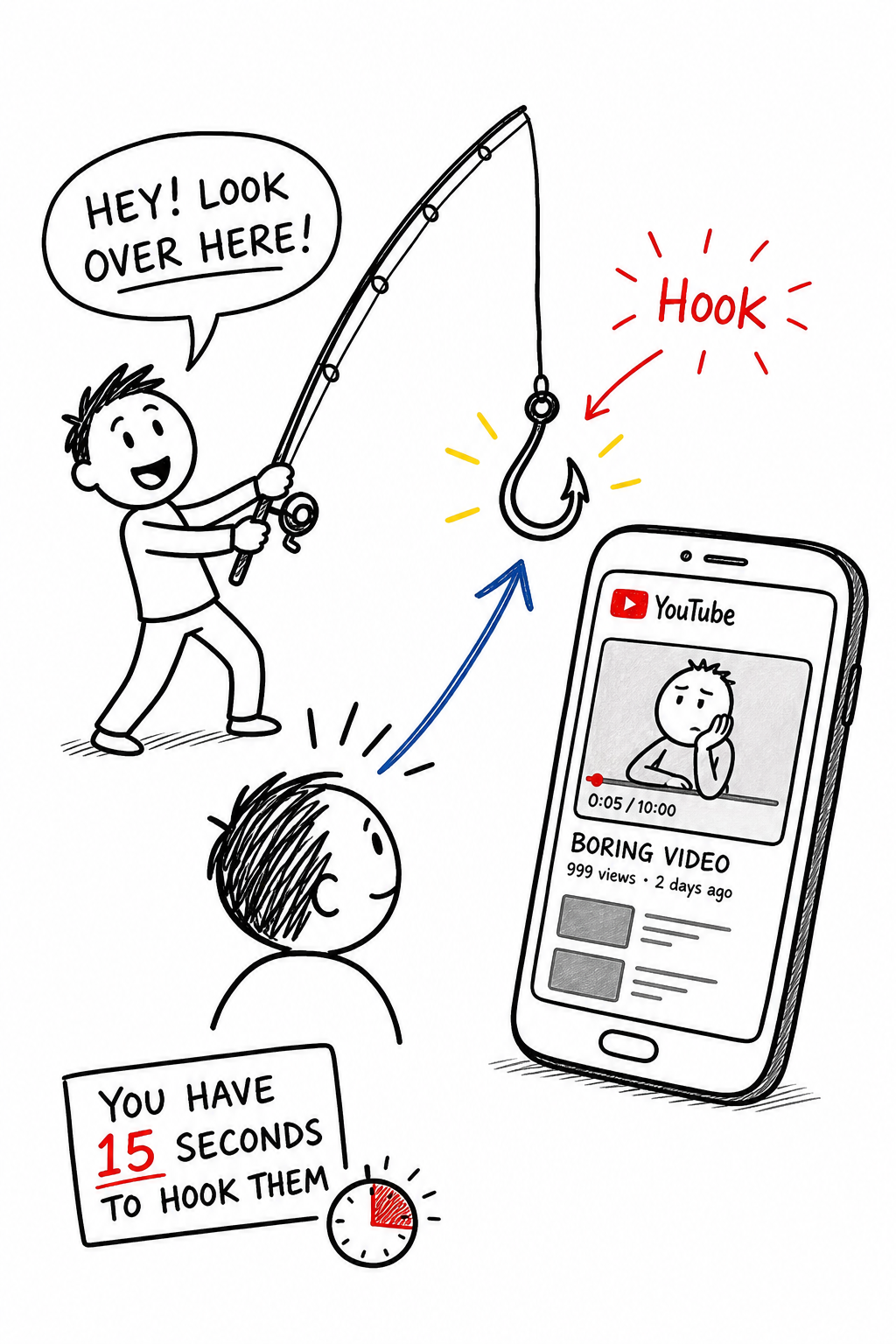 A doodle-style illustration of a person holding a fishing rod with a hook labeled 'Hook' at the end, pulling a viewer's attention away from a phone screen. Alt: Concept of a YouTube hook grabbing viewer attention in the first 15 seconds.