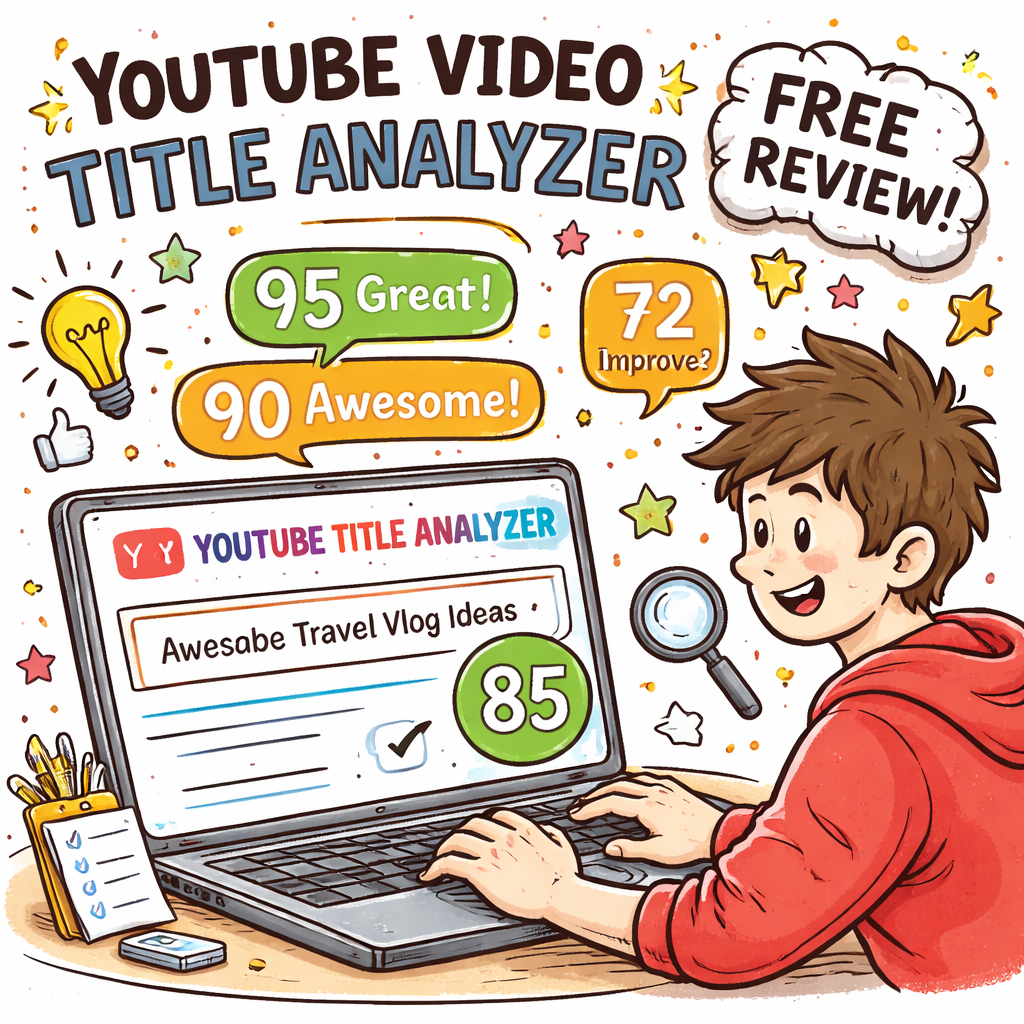 A Doodle illustration of a creator typing a YouTube video title into a free analyzer on a laptop, with score numbers popping up, highlighting the review process. Alt: YouTube video title analyzer free review.