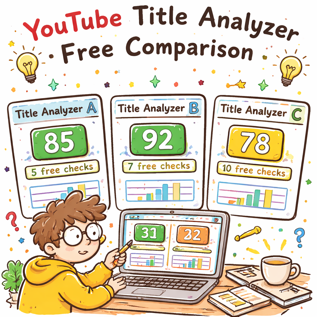 Doodle illustration of a creator comparing three YouTube title analyzer dashboards on a laptop, highlighting score boxes and free‑check limits. Alt: YouTube video title analyzer free comparison