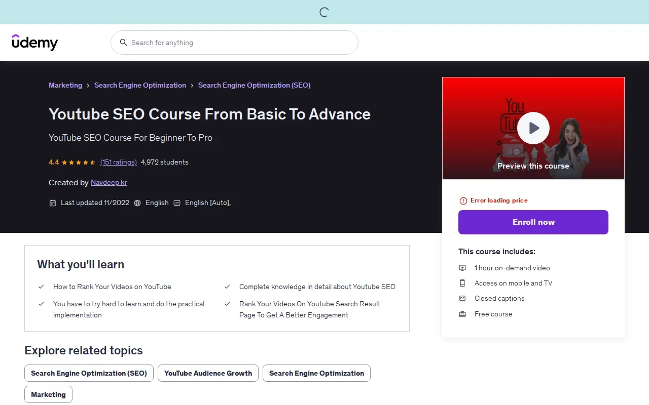 Screenshot of the Youtube SEO Course From Basic To Advance by Udemy website