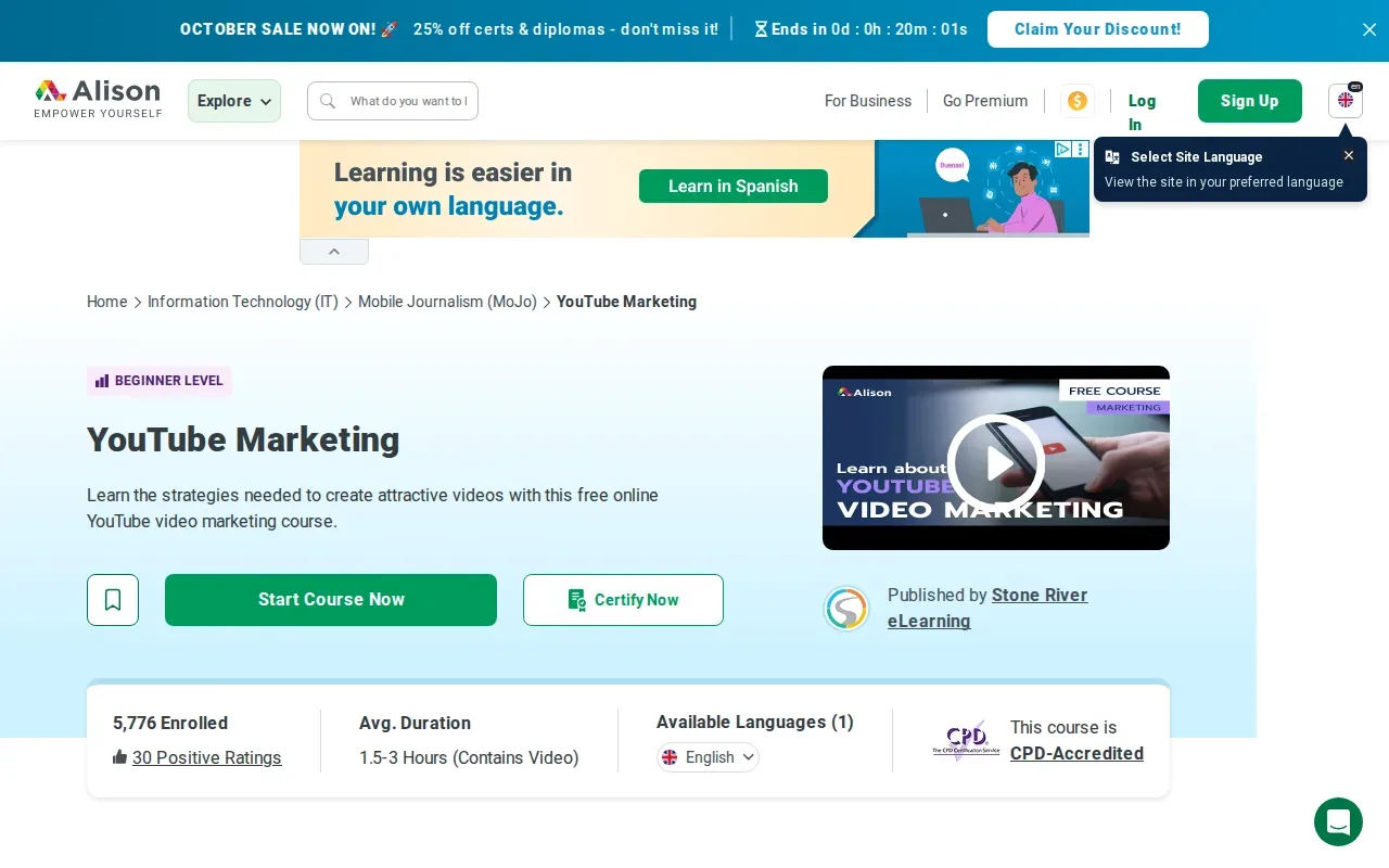 Screenshot of the YouTube Marketing by Alison website