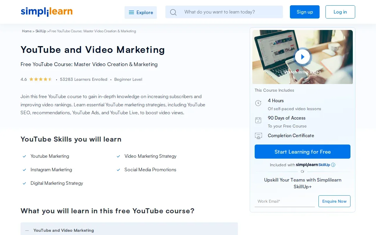 Screenshot of the YouTube Marketing Course by Simplilearn website