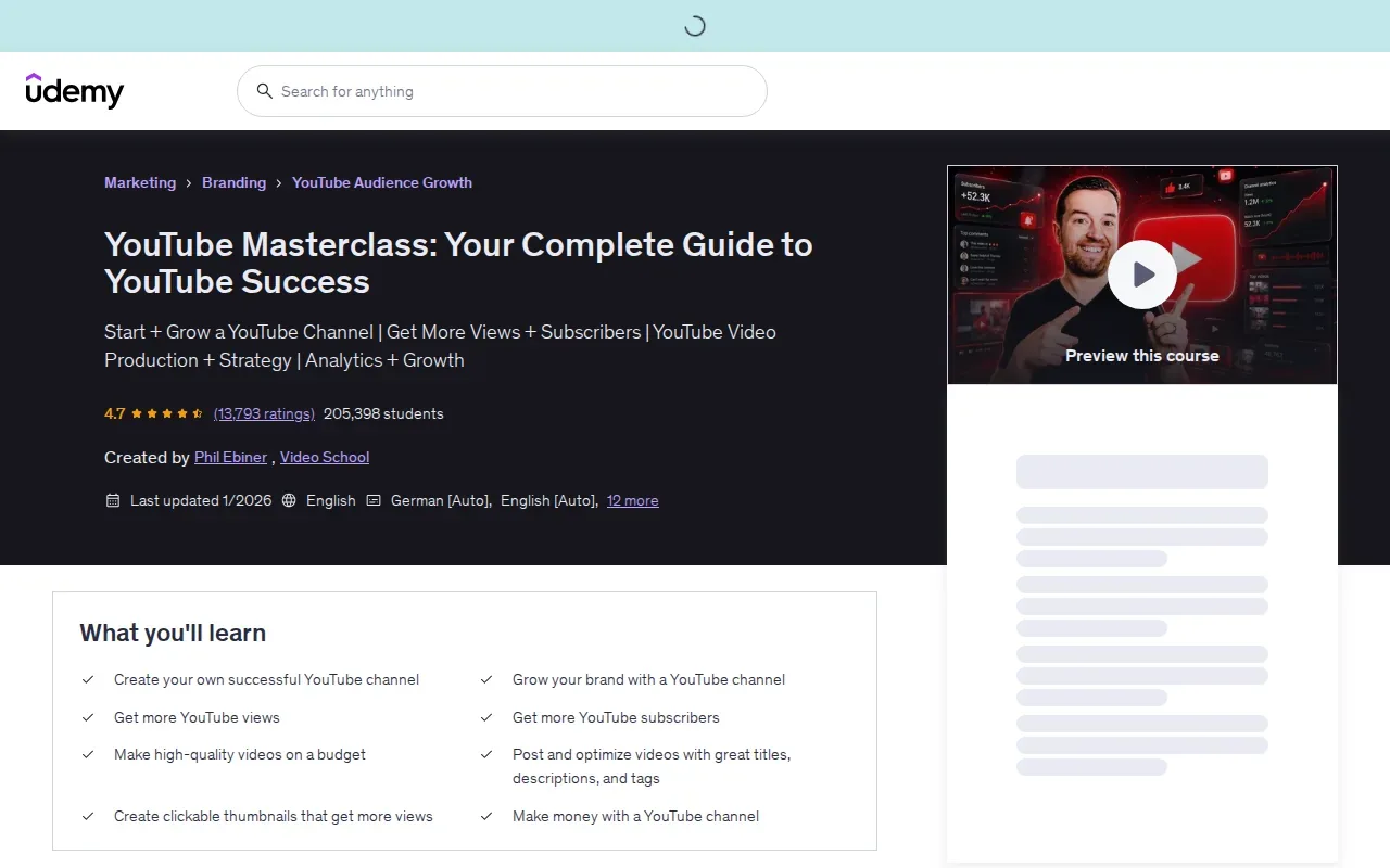 Screenshot of the YouTube Masterclass Your Complete Guide to YouTube by Video School website