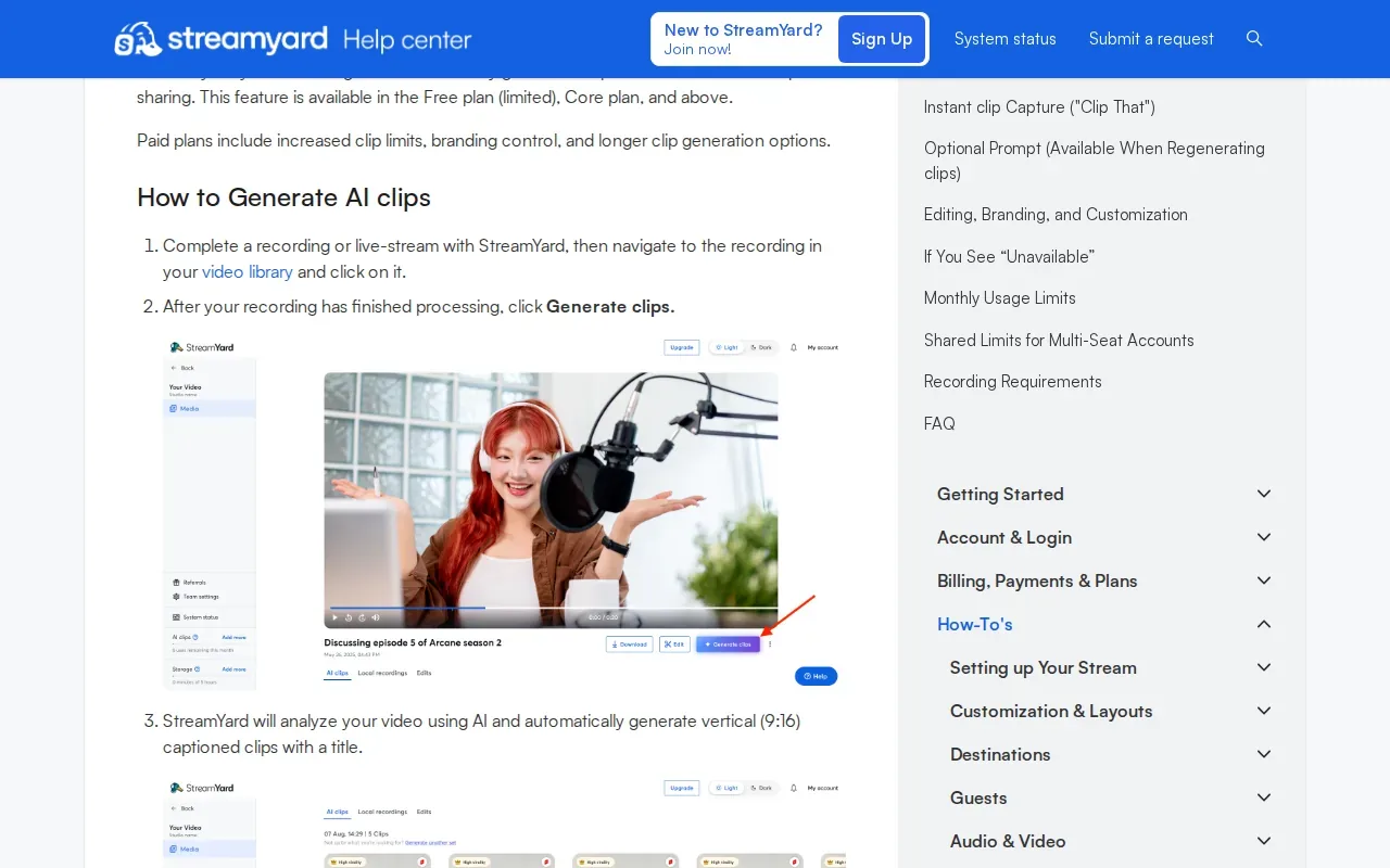 Screenshot of the AI Clips by StreamYard website