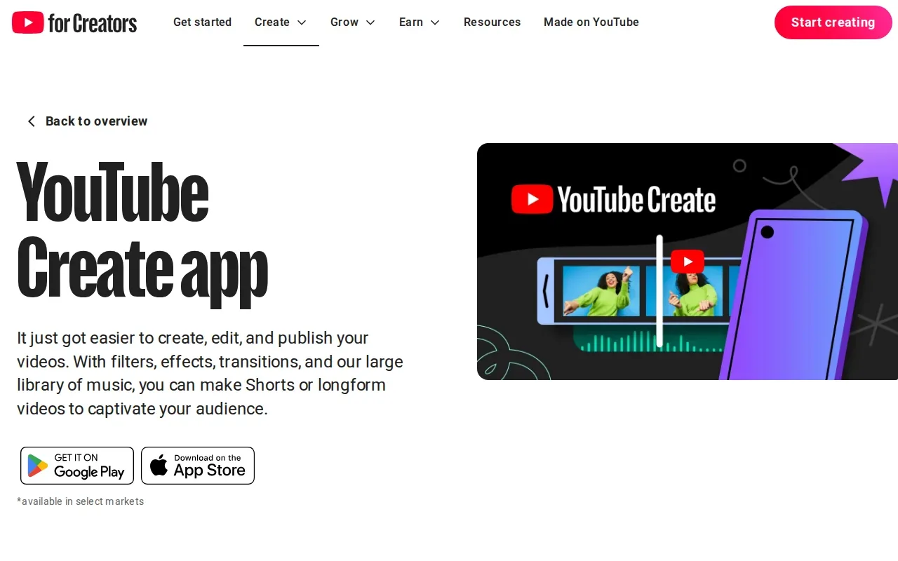 Screenshot of the YouTube Create website