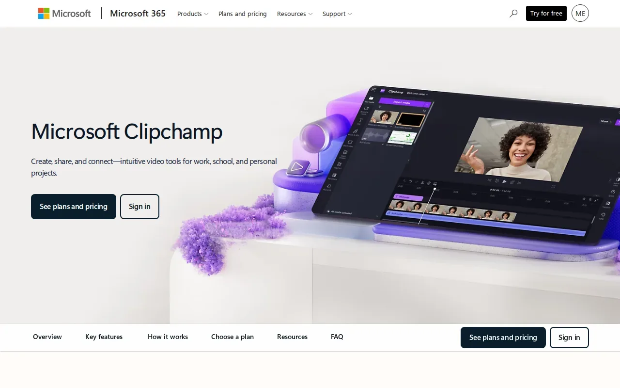 Screenshot of the Microsoft Clipchamp website