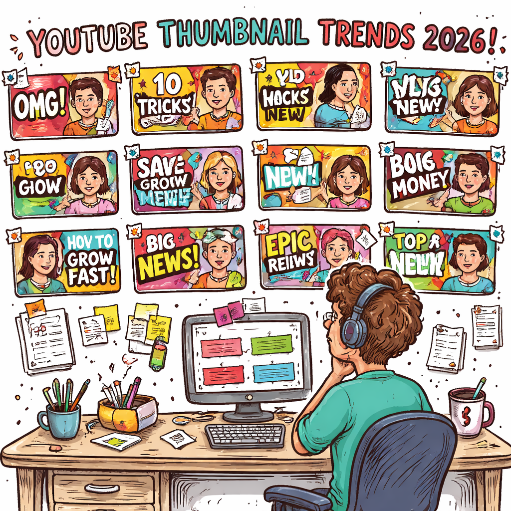A doodle illustration of a creator sitting at a desk, looking at a wall of YouTube thumbnail snapshots arranged in grids, each showing different layout styles like face‑over‑text, split‑screen comparison, and bold graphic cut‑out. The scene feels lively and playful, reflecting a modern creator’s workflow. Alt: YouTube thumbnail design trends 2026 visual research board.