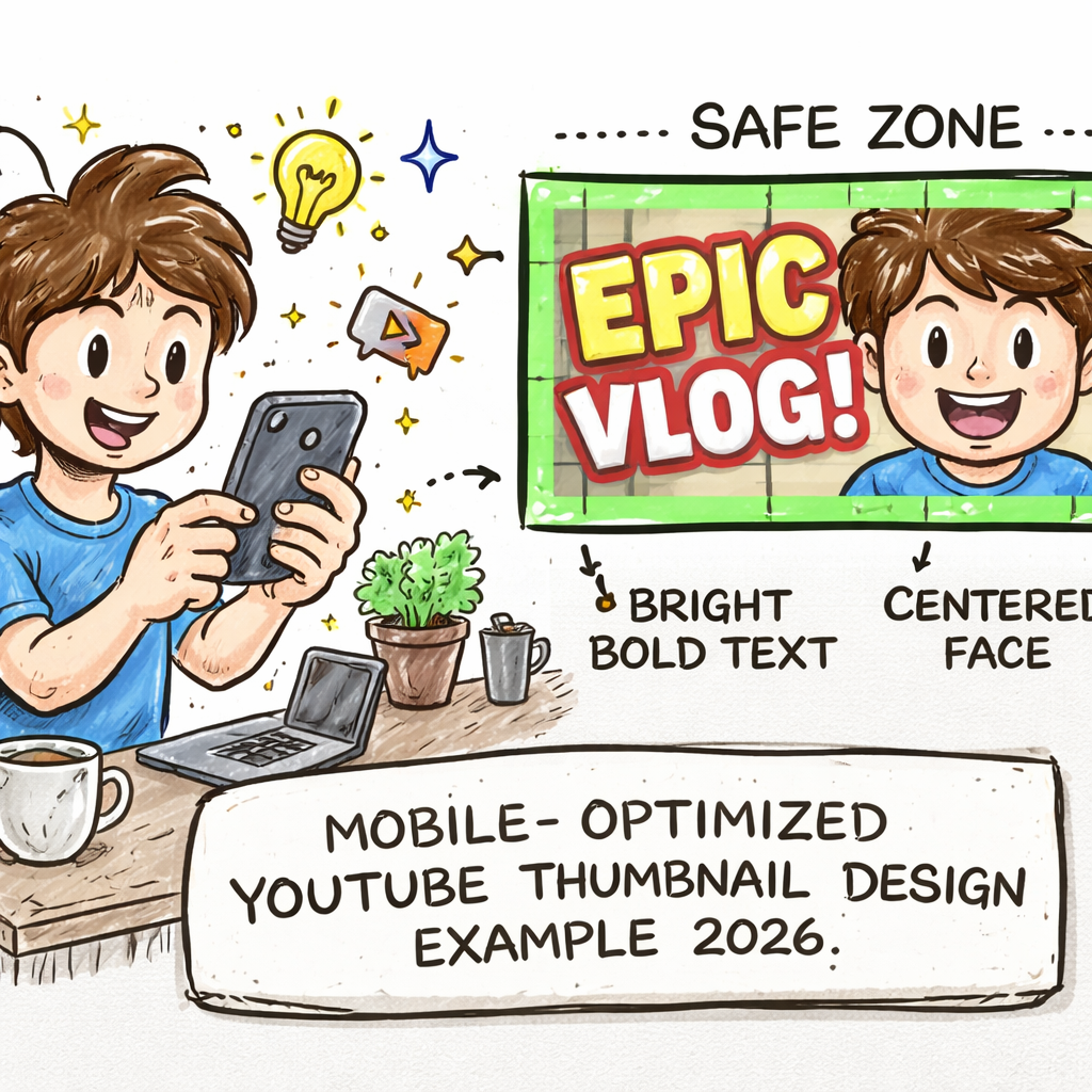 A doodle illustration of a creator checking a YouTube thumbnail on a phone, with a zoomed‑in 128×72 pixel view showing the safe zone, bright bold text, and a centered face. Alt: Mobile‑optimized YouTube thumbnail design example 2026.