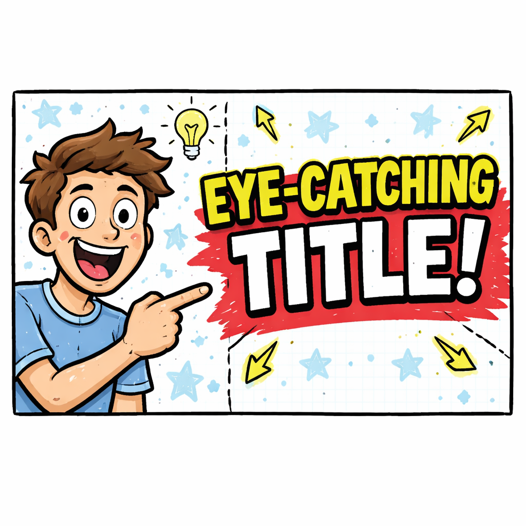 Doodle style illustration of a YouTube thumbnail layout using the rule of thirds, showing a face on the left third and bold text on the right third with a contrasting color block, alt: layout guide for youtube thumbnail ideas