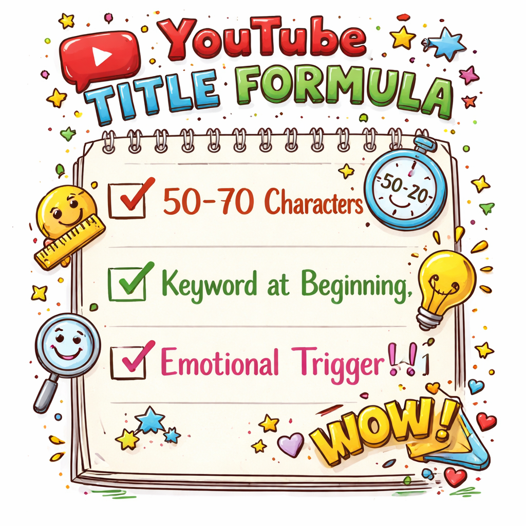 A doodle illustration of a YouTube title formula checklist, showing character count, keyword placement, and an emotional trigger, styled in playful hand‑drawn doodle art, appealing to video creators.