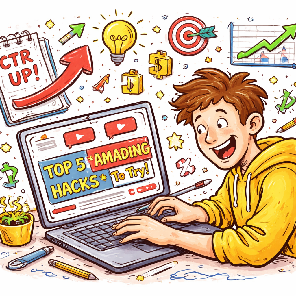 A doodle illustration of a creator tweaking YouTube titles on a laptop, with charts showing CTR lift, bright colors, playful hand‑drawn style. Alt: YouTube title formulas boosting click‑through rate.