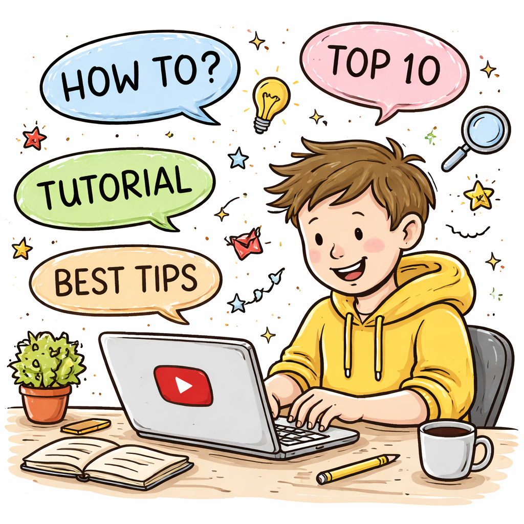 A doodle‑style illustration of a creator typing keywords into a laptop, with keyword bubbles floating around. Alt: youtube keyword research for title ideas.