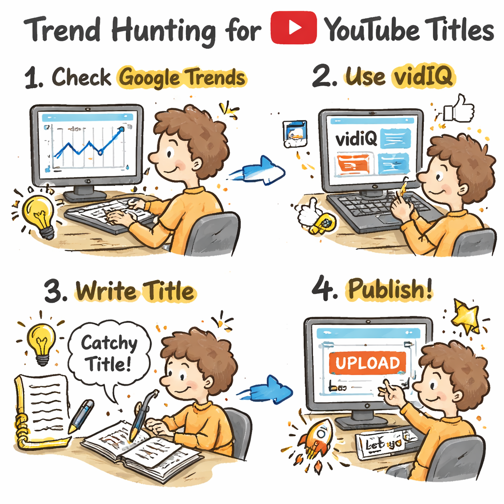 A doodle‑style flowchart showing a creator checking Google Trends, then vidIQ, then writing a title, then publishing. Alt: step‑by‑step trend hunting for youtube titles.