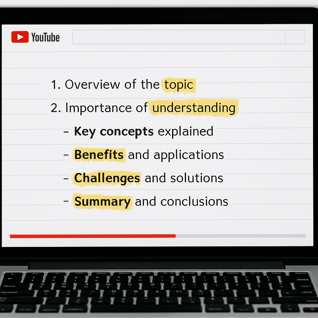A clean digital notebook open on a laptop screen, showing bullet‑point summaries of a YouTube lecture with highlighted key terms