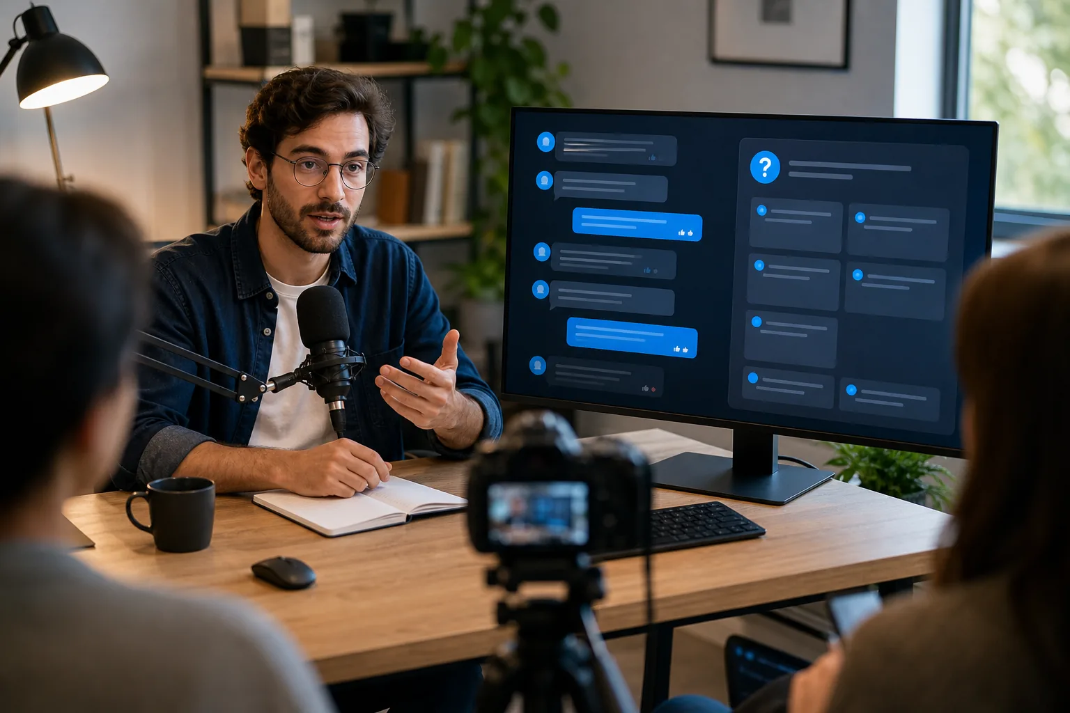 YouTube creator engaging viewers through comments and a live community workshop.