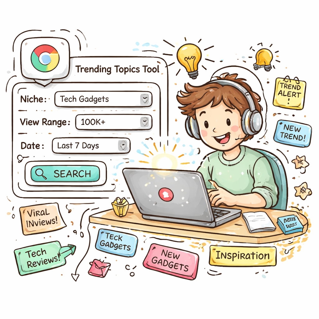 Doodle illustration of a creator sitting at a laptop, Chrome extension icon glowing, filters panel showing niche, view range, and date selectors, with sticky notes and tags scattered around. Alt: YouTube trending topics tool setup guide doodle showing filters, alerts, and organized ideas.
