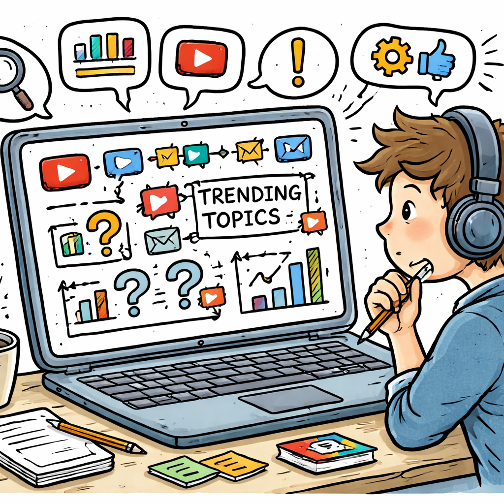 A doodle illustration of a creator looking at a laptop screen filled with multiple tool icons, charts, and alert notifications, highlighting a YouTube trending topics tool workflow. Alt: Creator comparing YouTube trending topics tools in a doodle style.