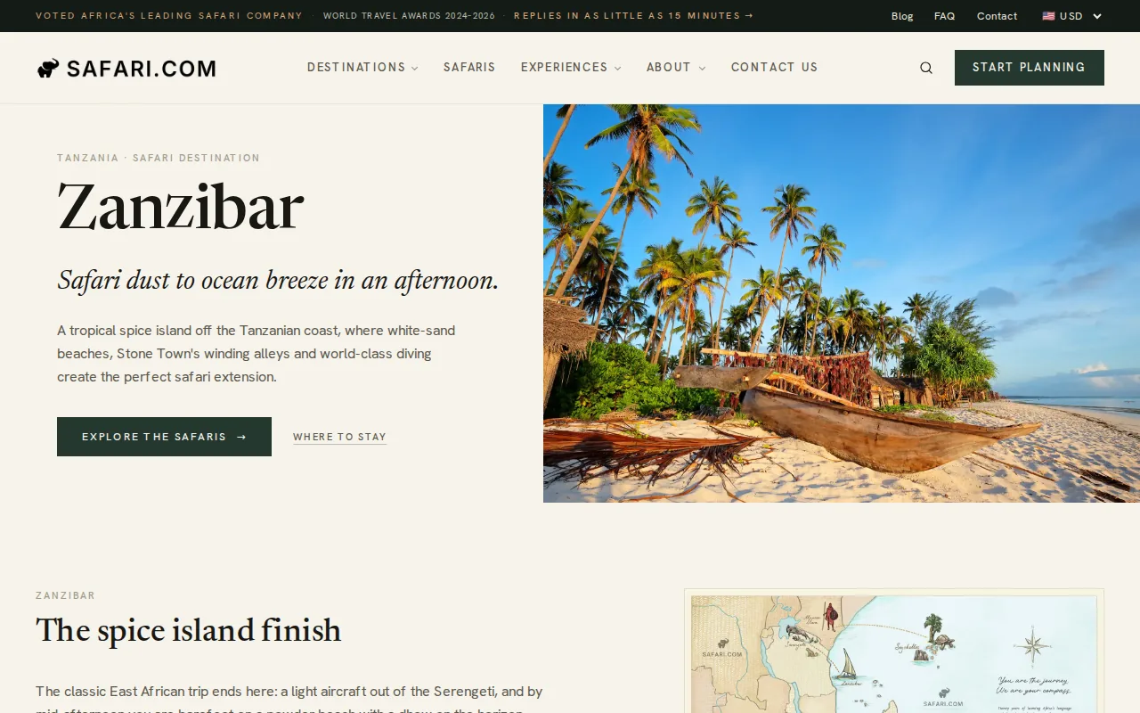 Screenshot of the Zanzibar Plus a Tanzania Safari website