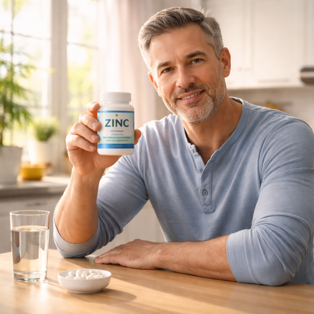 A photorealistic scene of a middle-aged man holding a bottle of zinc supplement, sitting at a kitchen table with a glass of water, bright morning light. Alt: zinc supplement for male hormone health