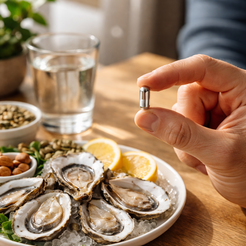 A photorealistic close‑up of a man’s hand holding a zinc capsule next to a glass of water and a plate of zinc‑rich foods like oysters and pumpkin seeds. Light is natural, the scene feels calm and health‑focused. Alt: zinc supplement for male hormone health