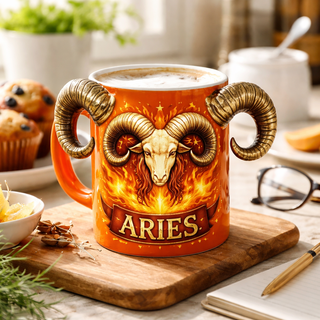 A photorealistic scene of a bright orange Aries zodiac mug with ram horns, realistic lighting on a kitchen counter, appealing to moms, dads, teachers, and nurses. Alt: Aries zodiac mug print on demand design.