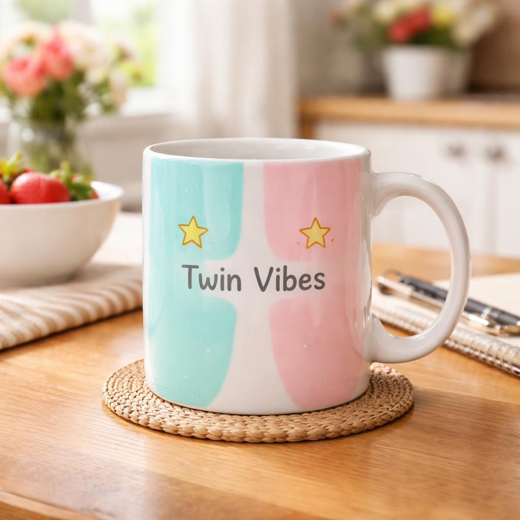 A photorealistic scene of a white ceramic mug with a split teal and pink design, twin star icons on each side, and the phrase “Twin Vibes” printed in simple font, placed on a wooden kitchen table, natural morning light, appealing to moms, dads, teachers, and nurses.