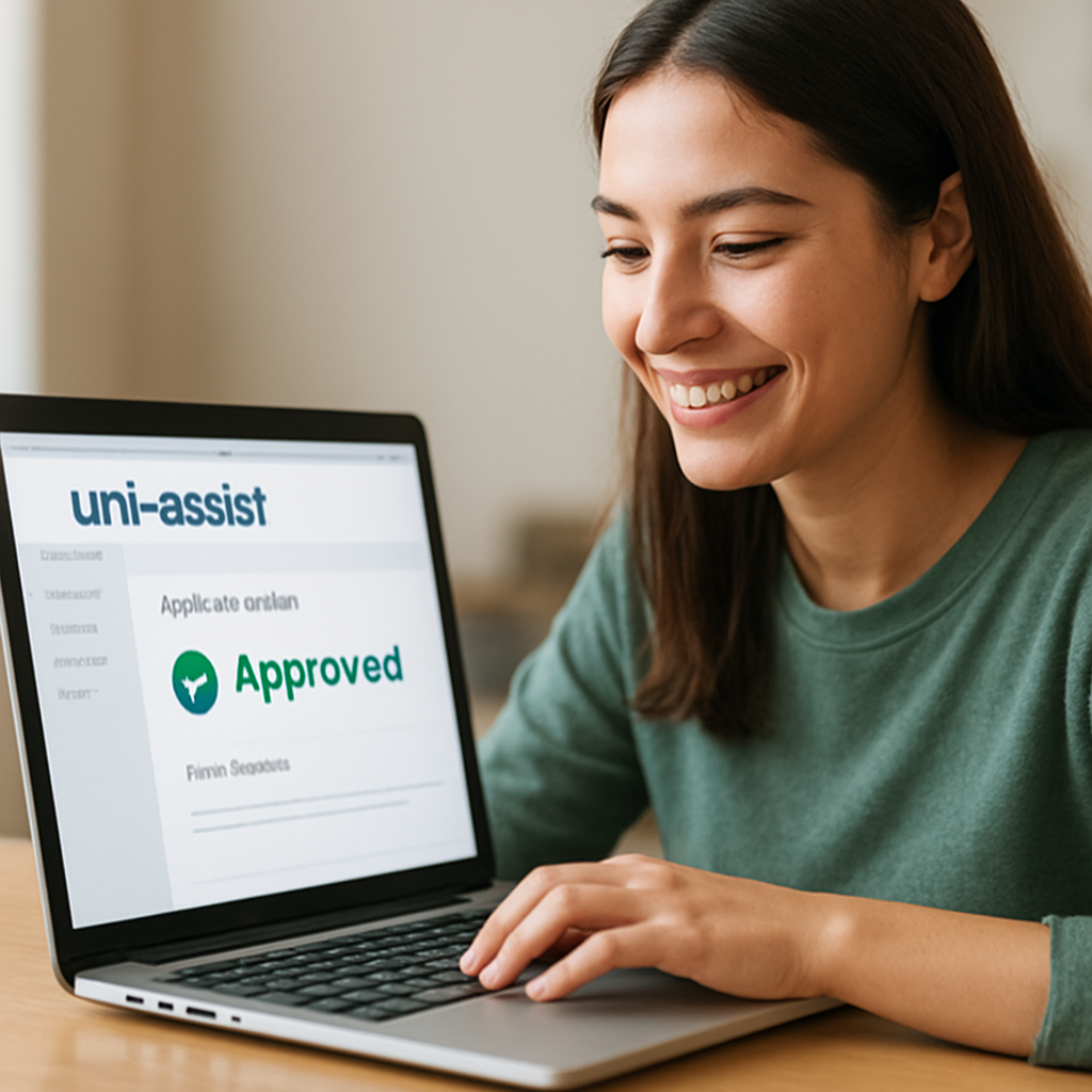 A student looking at the uni assist dashboard on a laptop, smiling when seeing the 'Approved' status. Alt: uni assist статус одобрено финальное решение студента