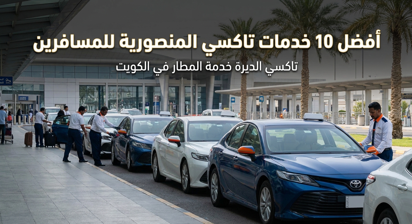 A realistic scene of a modern taxi fleet parked at a Kuwait airport terminal, with drivers in professional uniforms helping passengers. Alt: تاكسي الديرة خدمة المطار في الكويت