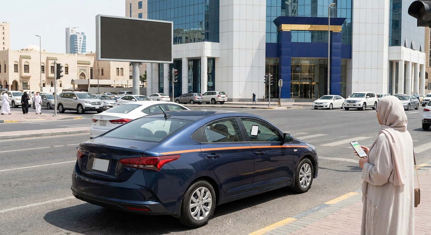 A realistic street view in Kuwait City showing a ride‑hailing car pulling up to a passenger at a busy intersection. Alt: تطبيق طلب تاكسي عبر التطبيق