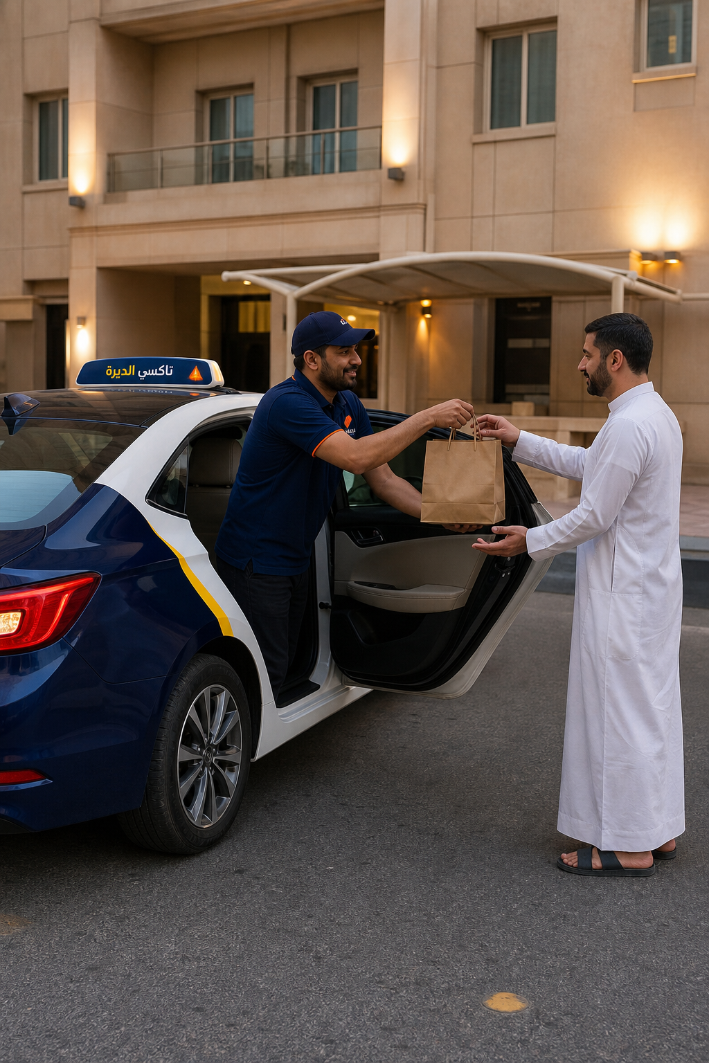 سيارة تاكسي مع سائق يسلّم طلب طعام لعميل أمام مبنى سكني، تفاصيل واقعية. Alt: خدمة توصيل الطعام بالسيارة في الكويت