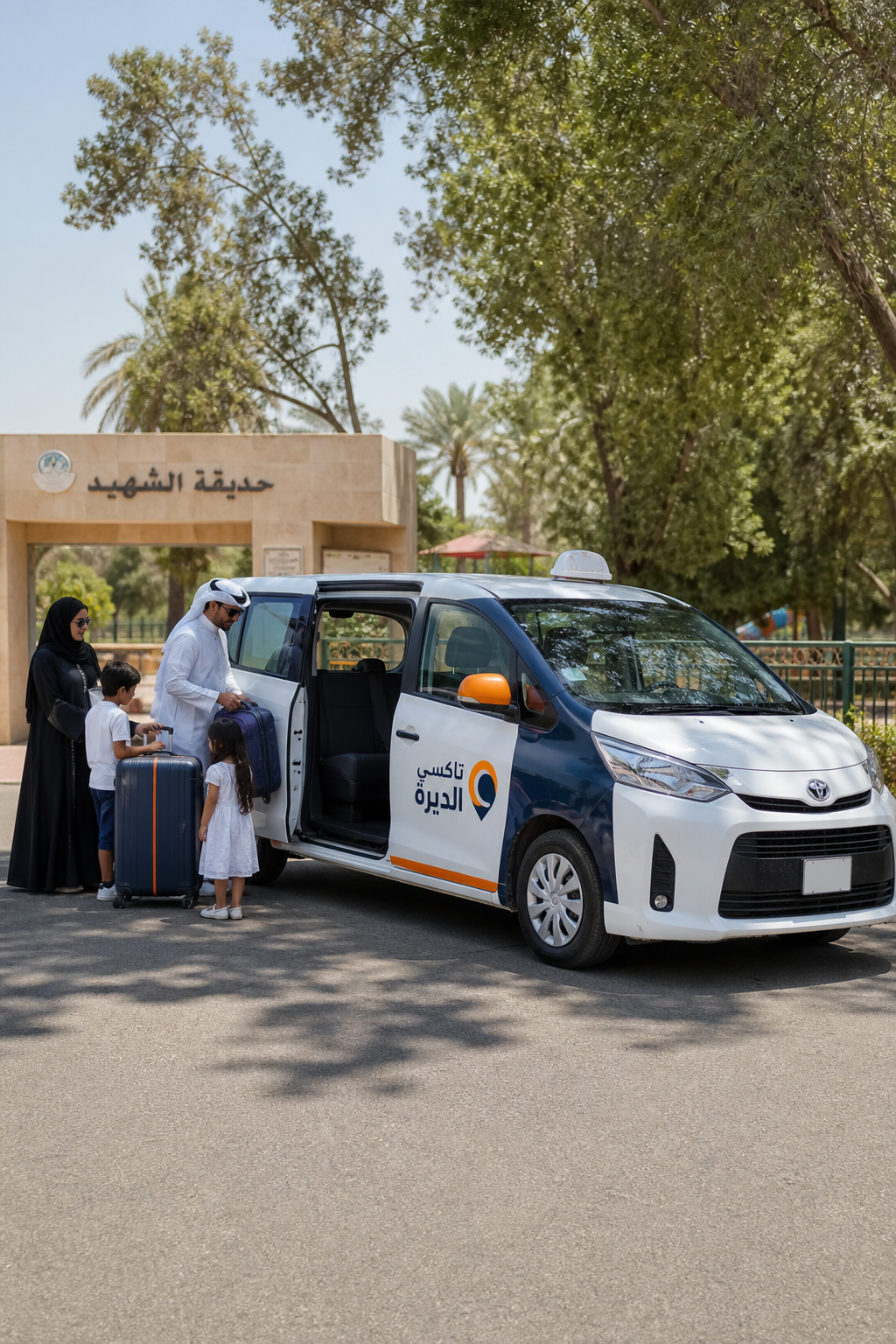 A realistic scene of a compact taxi van parked at the entrance of a Kuwait park, with families loading luggage, sunny day, green trees in background. Alt: خدمة اقتصادية للمتنزهات في الكويت