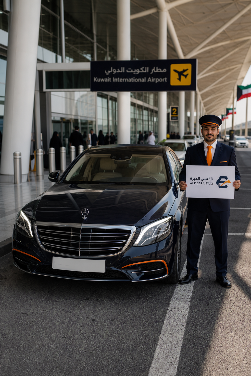 A realistic scene of a luxury taxi pulling up to Kuwait International Airport terminal, driver in a formal uniform holding a name board. Alt: تاكسي فخم إلى مطار الكويت