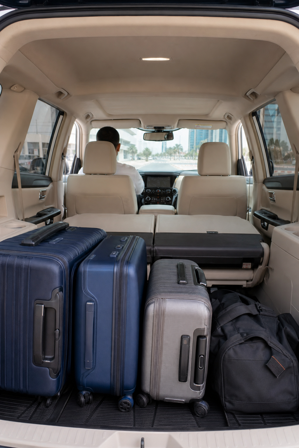 Interior shot of a large taxi with ample luggage space in Kuwait city, Realism style. Alt: تاكسي الفارس أسطول سيارات كبيرة