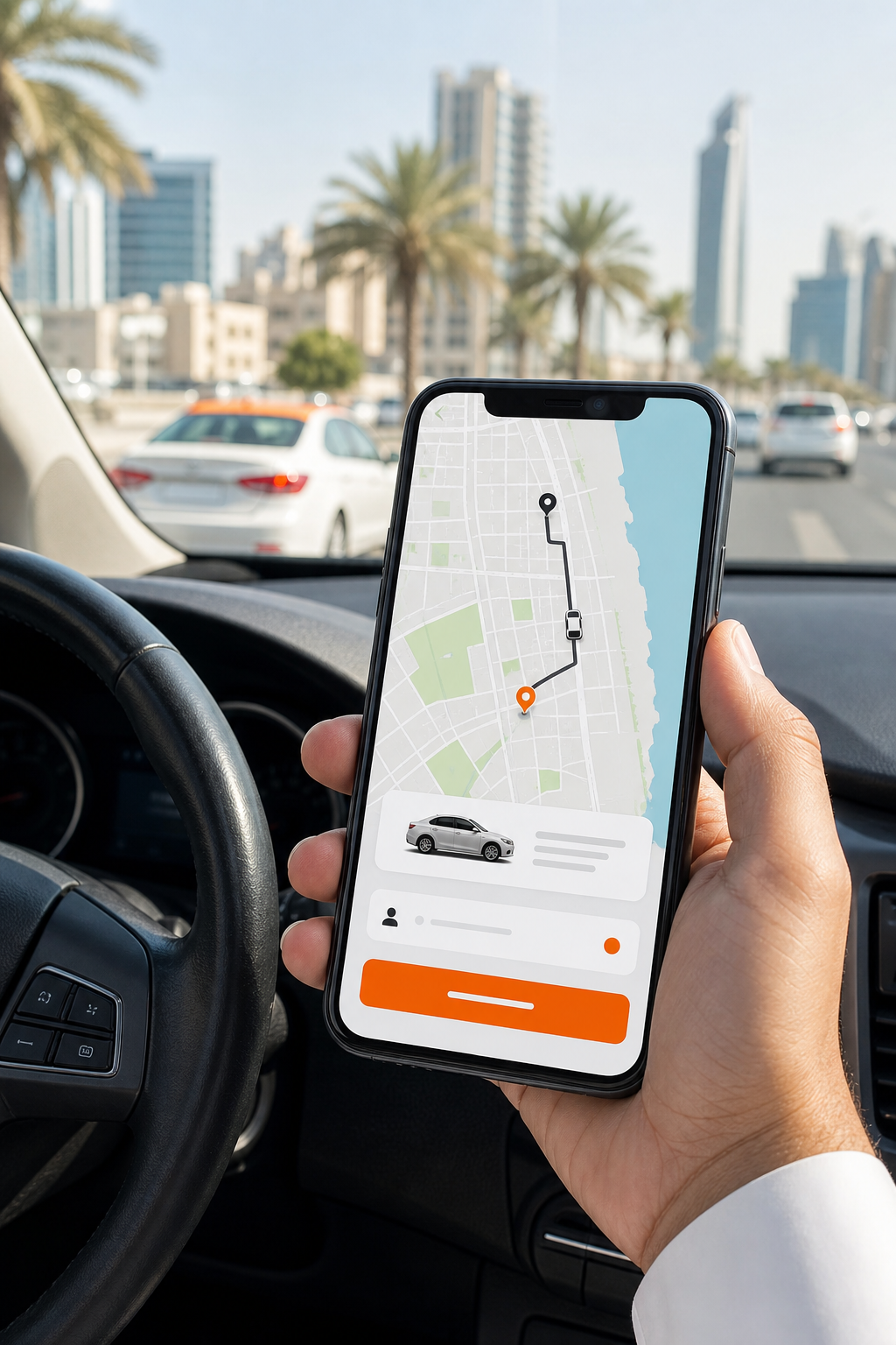 A realistic illustration of a smartphone showing a taxi booking app interface with a map of شمال غرب الصليبيخات. Alt: حجز تاكسي شمال غرب الصليبيخات عبر التطبيق