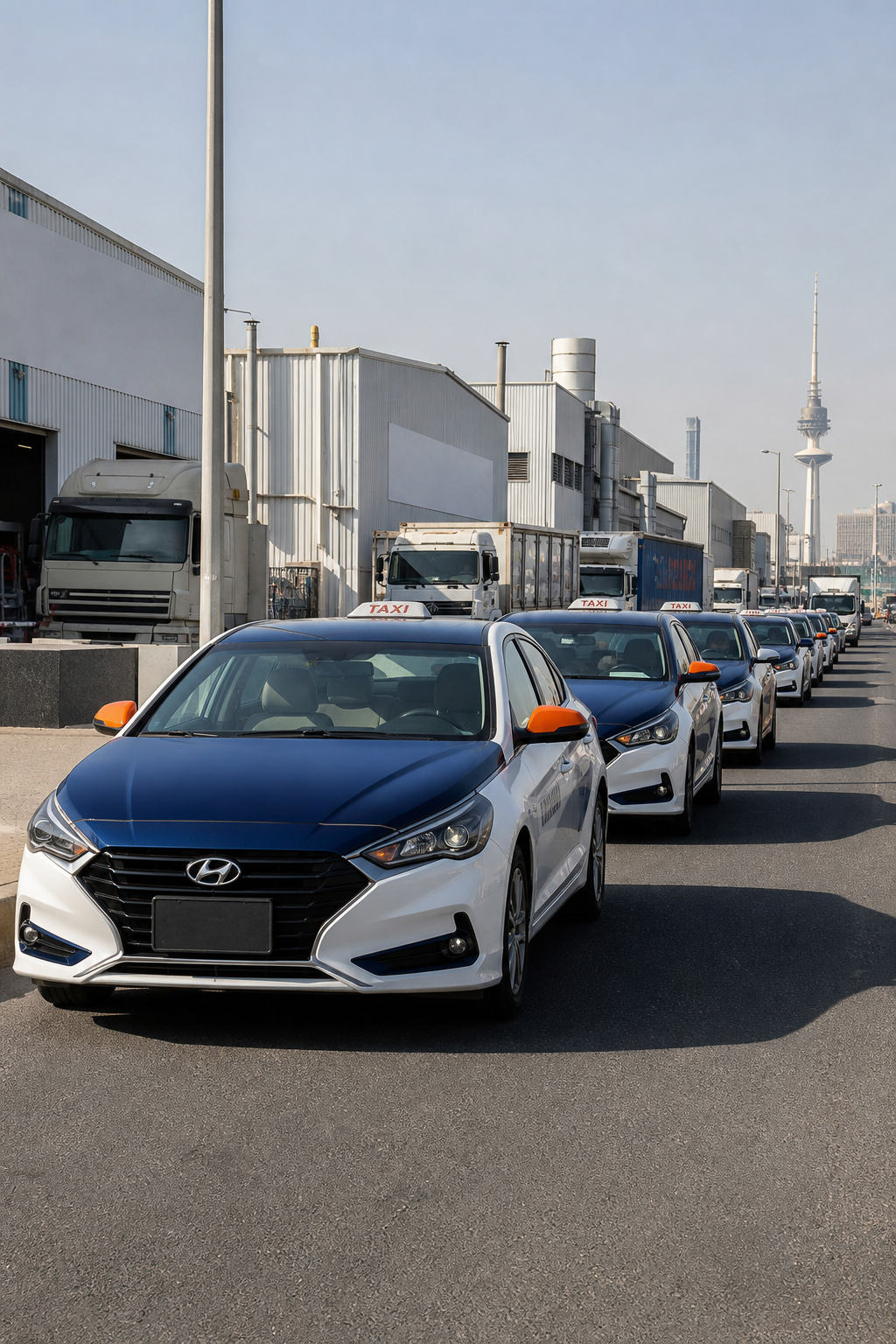 A photorealistic image prompt for AI: Realism style, Kuwait industrial area street with a line of taxis and trucks nearby, daytime. Alt: تاكسي الكويت في المنطقة الصناعية