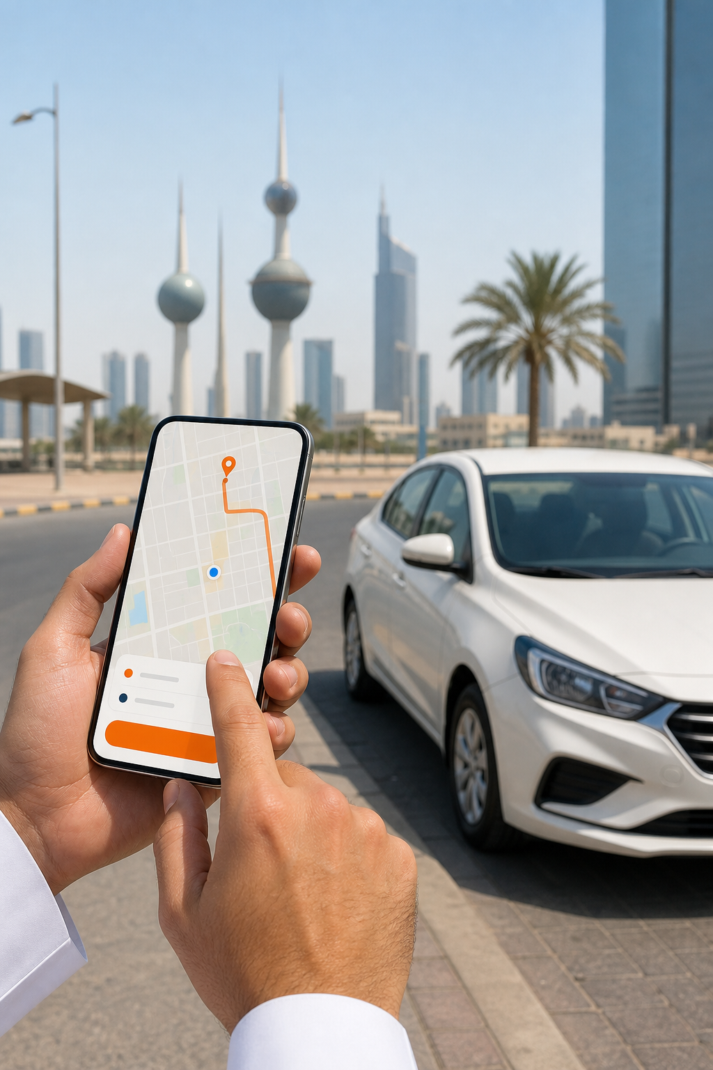 A realistic illustration of a user selecting pickup and drop‑off locations on a mobile app, with Kuwait city landmarks in the background, Alt: